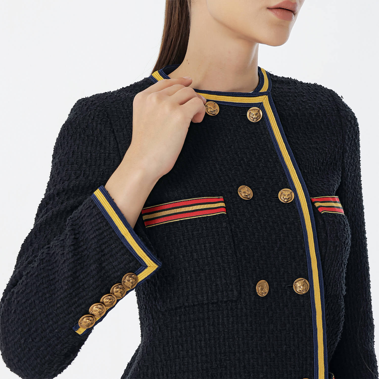 Gucci - Navy Blue&Gold Button Wool Long Jacket